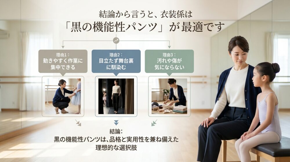 結論から言うと、衣装係は「黒の機能性パンツ」が最適です