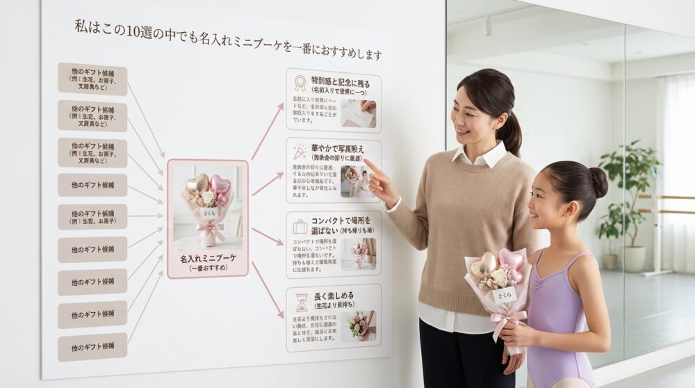 私はこの10選の中でも名入れミニブーケを一番におすすめします