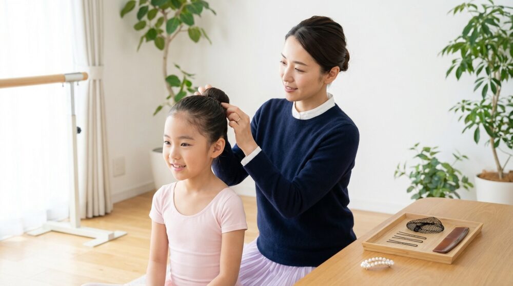 バレエ発表会髪型シニヨンやり方の解説イメージ