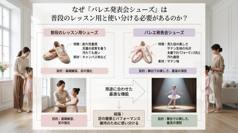 なぜ「バレエ発表会シューズ」は普段のレッスン用と使い分ける必要があるのか？